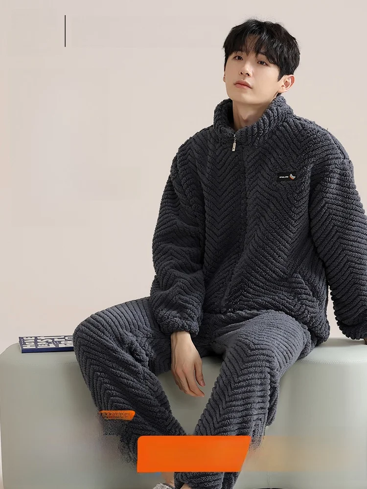 Men's Flannel Sleepwear Thickened Fleece Home Clothes Set Autumn Winter Warm Outwear Long Sleeve Cardigan Style Loose Fit