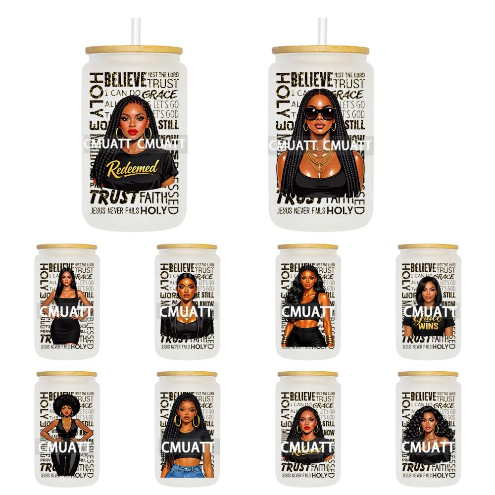 

Pretty Black Women Trust Faith High Quality Decals UV DTF Sticker Ready To Apply Transfer Stickers For 16OZ Libbey Glass Can