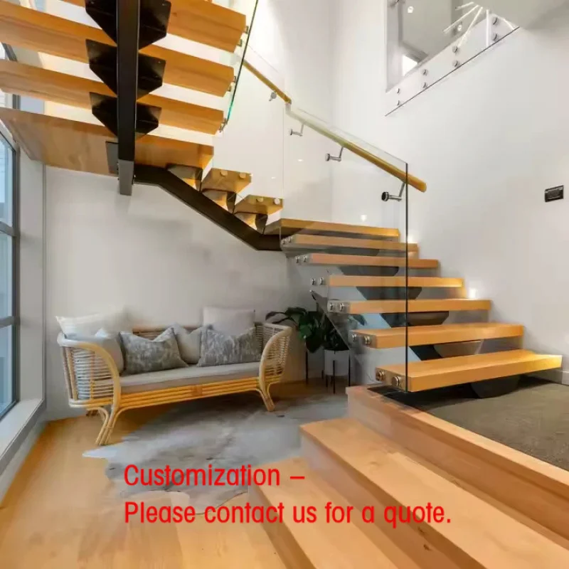 custom.Prefab Floating Staircase Modern Carbon Steel Mono Beam Beech/oak Wood Tread Stairs Indoor/staircase Design Houses