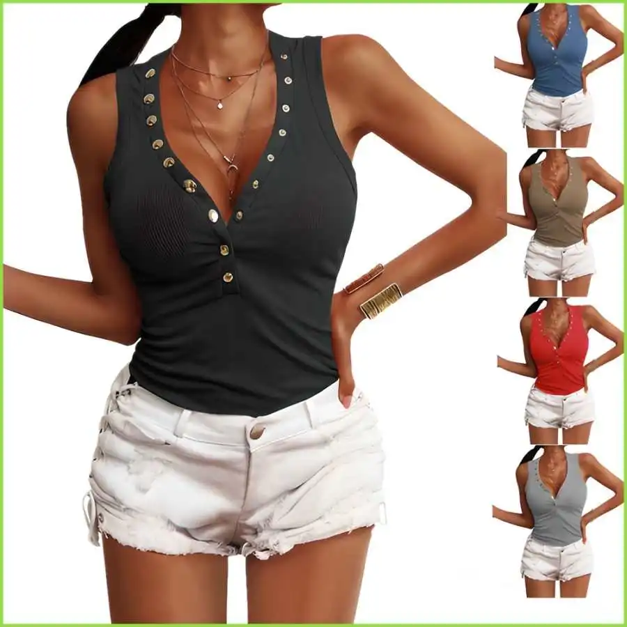 여성 슬림핏 베스트 탑 티셔츠 크로스 버튼 디자인 여름 신상 캐주얼 면 혼방 얇은 원단 봄철 보온성