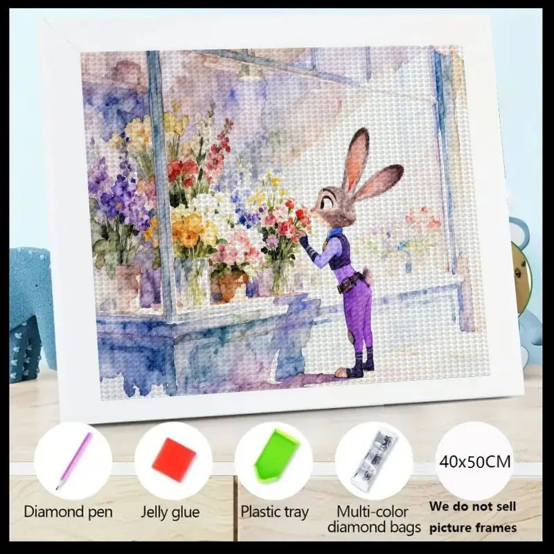 

1PC 5D Diamond Painting Kit - Beautiful Rabbit in Flower Shop Scene, DIY Adult and Kids Art Craft, Colorful Gemstone Canvas Pain