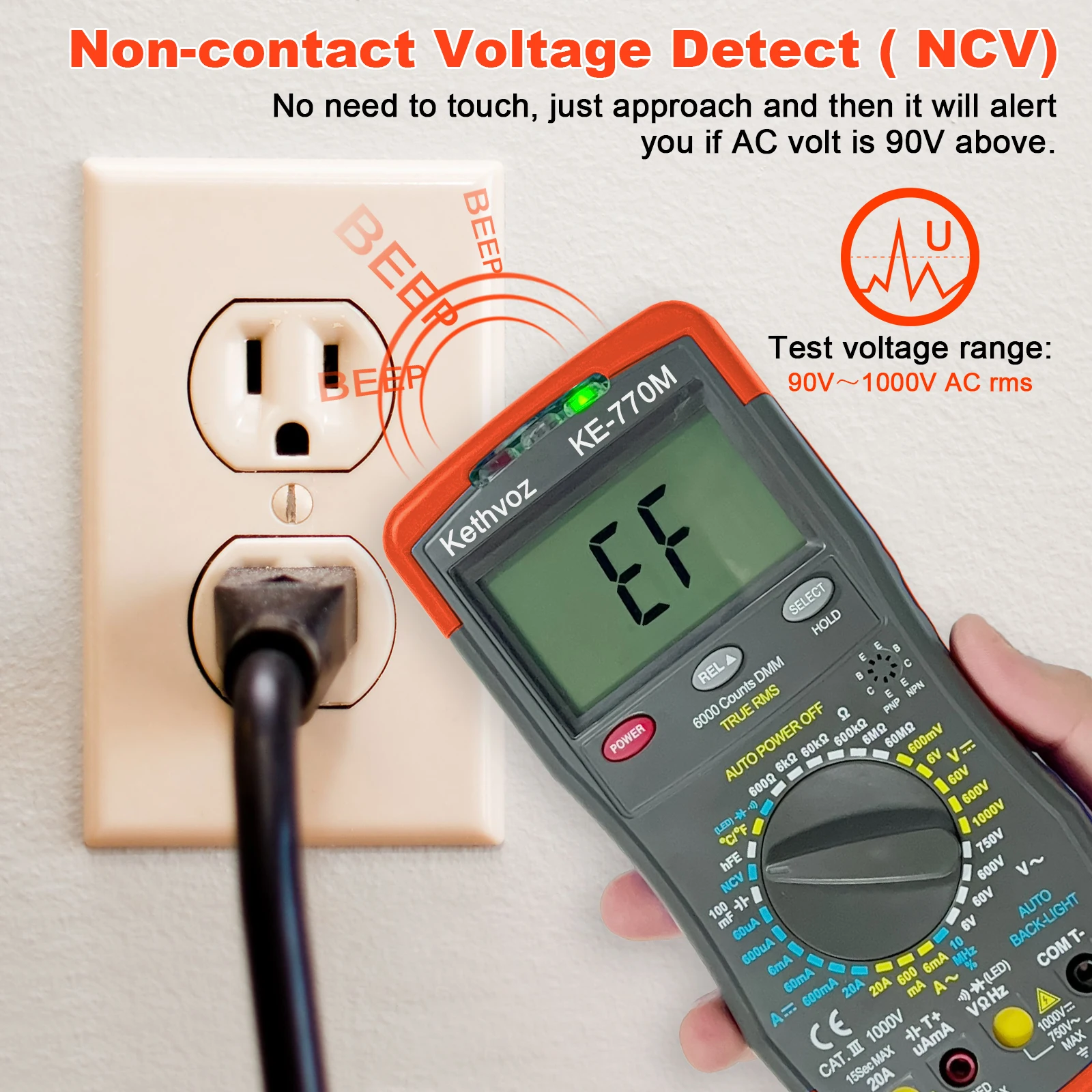Kebovz KE-770M Multimeter Digital, pendeteksi RMS jangkauan otomatis AC/DC Ammeter Voltmeter Ohm NCV HFE penguji Transistor multimetro