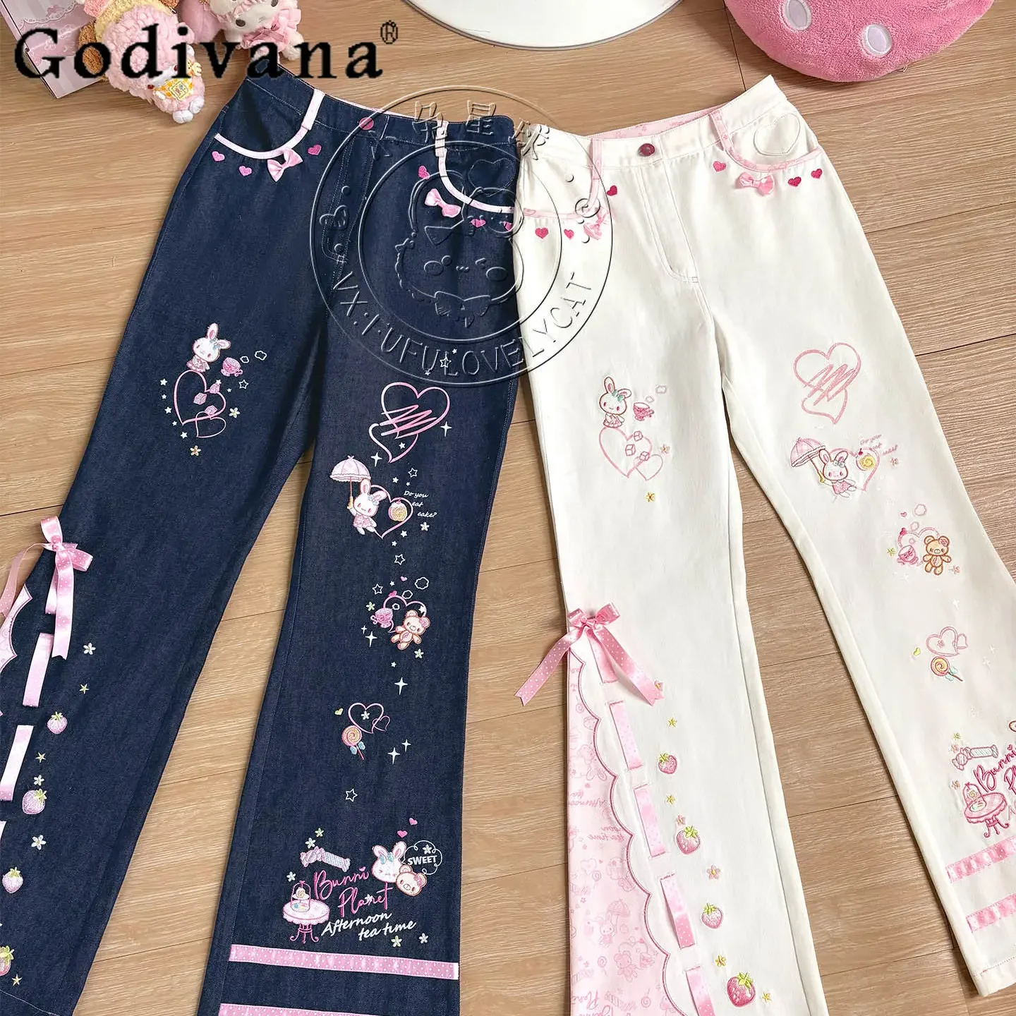 IMU Japanese Soft Girls Cartoon Embroidered Jeans Spring and Summer New Daughter Kawaii Jeans Sweet Girls Casual Cute Trousers P