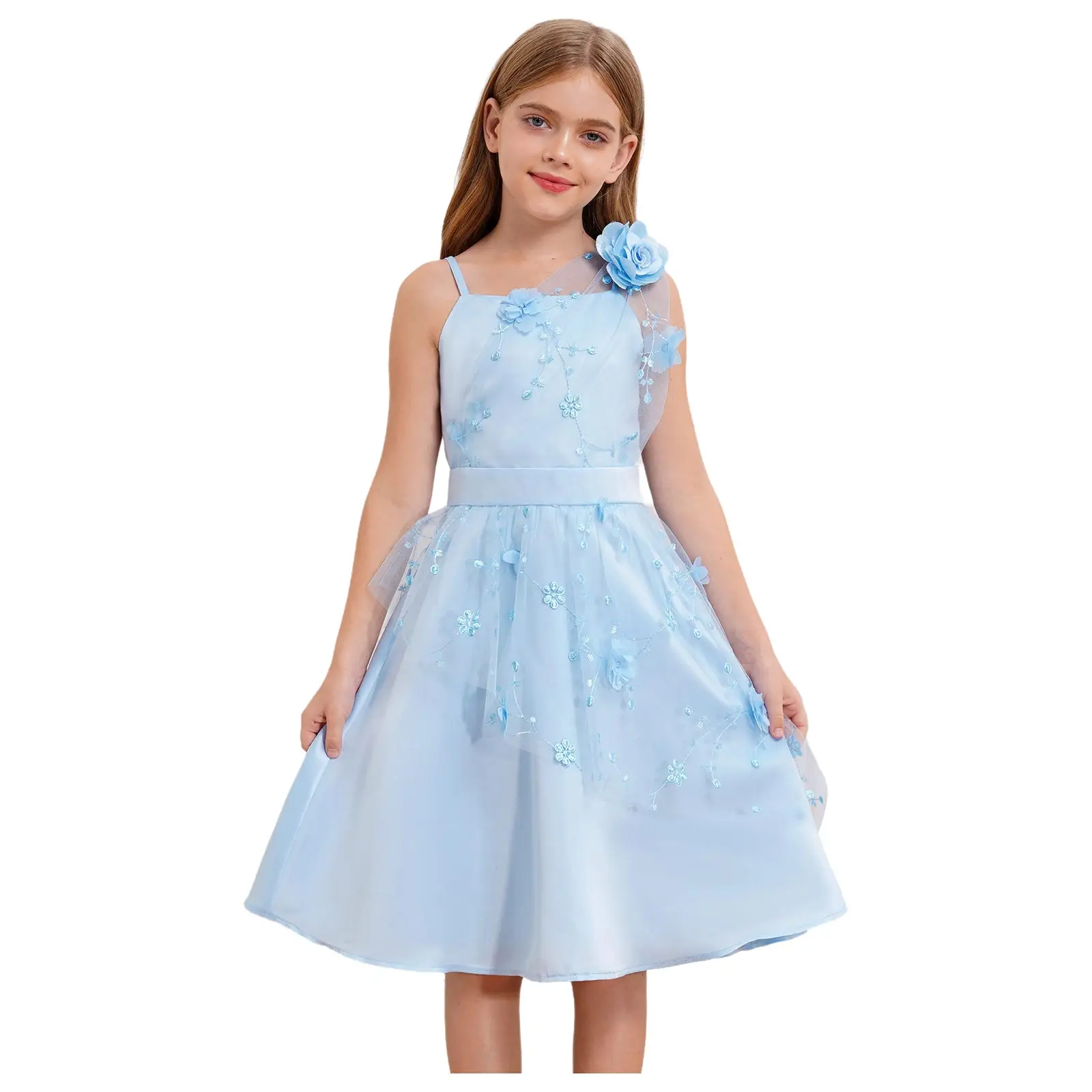 

Girls Sweet Spaghetti Strap Flower Dress Gown Tulle High Waist Elegant Birthday Dress for Banquet Pageant Ball Graduation Prom
