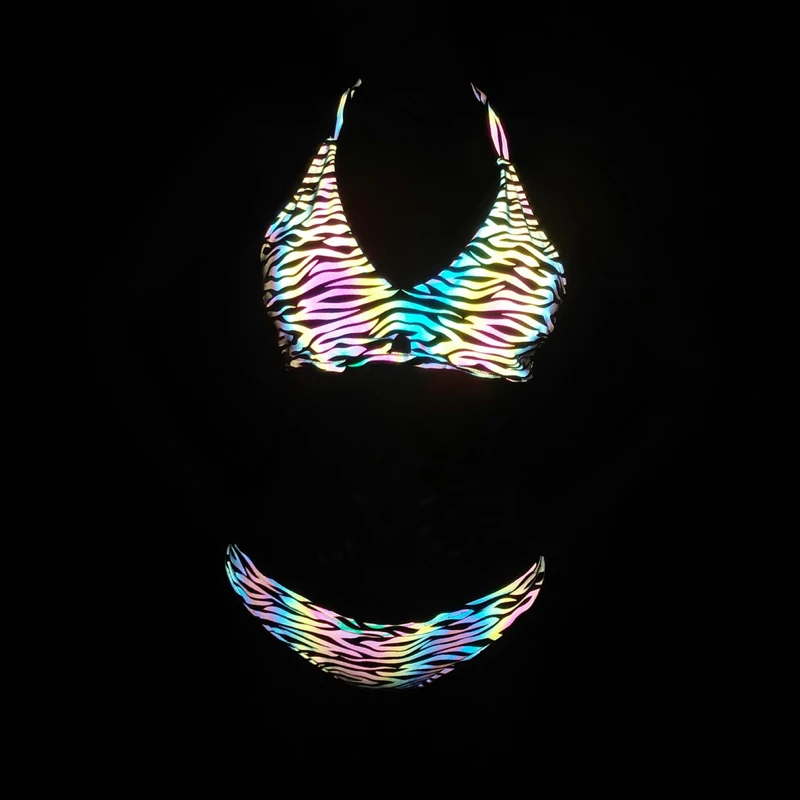 

Sexy Reflective Stripy Bikini Set Women Pole Dance Costume Nightclub Rave Holographic Clothes Gogo Dancer Outfit 2024 Butterfly