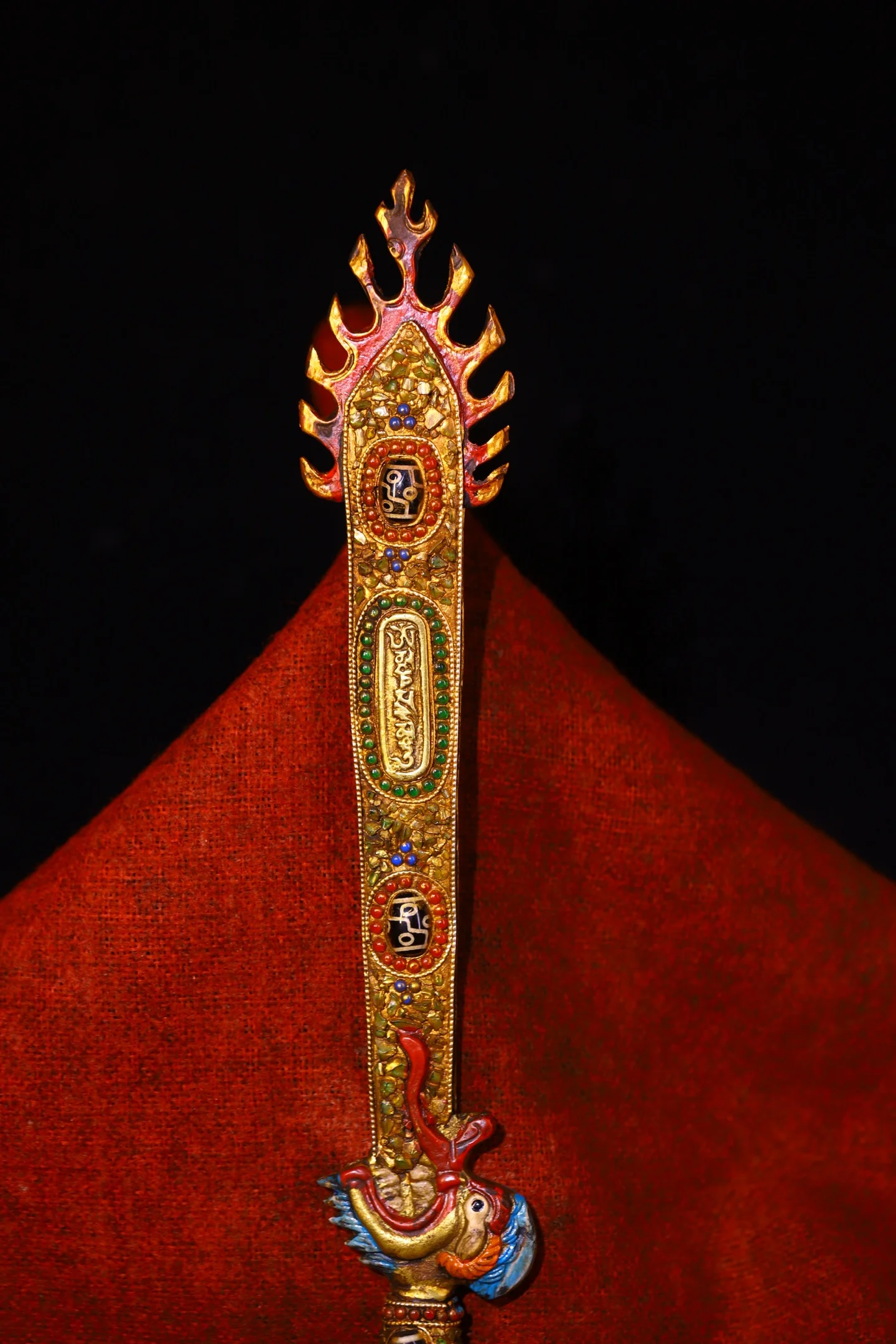 12”Old Lima Bronze Mosaic Gem gZi Beads Shell Wisdom Sword Vajra Pendant prayer flag Beast head arm Wenshu Sword Amulet