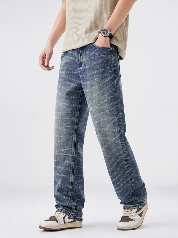 

American Casual High-End Retro Printed Wide Leg Men's Straight Loose Cool Hip Hop Long Jeans Cotton Stretch Denim mid Waist