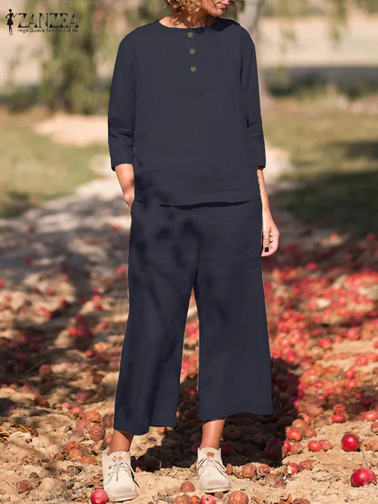 2025 ZANZEA الخريف بانت مجموعات النساء قطعتين مجموعات عادية كم طويل بلوزة واسعة الساق بنطلون دعوى الصلبة وتتسابق فضفاض رياضية