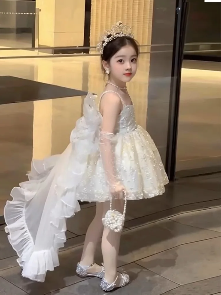 Elegant Trailing Girl Birthday Party Gown Sequined Tulle Princess Bridesmaid Flower Dress for Wedding Kids Formal Prom Long Gown