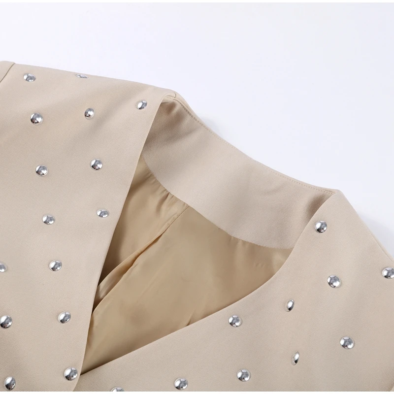 Retro V-neck Studded Suit Jacket Women Casual Loose Rivets Pockets Open Jacket Female Autumn Spring Chic Street Outwear Cardigan