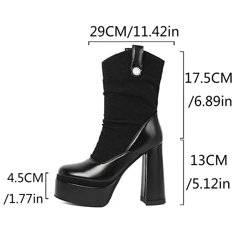 Girseaby Sexy Women's Mid-Calf Booties Round Toe Block Heels 13cm 4.5cm Platform Slip-On Size 41-42 Autumn Stretch Style Sale