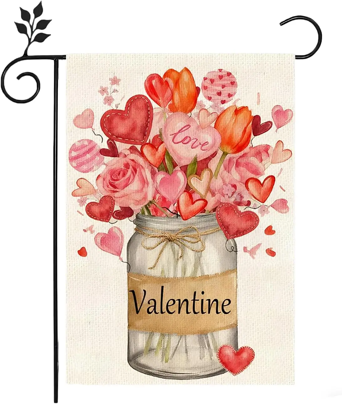Valentines Day Mason Jar Garden Flag 12x18 Inch Vertical Double Sided for Outside flag for Anniversary Wedding Outside Decor AAS