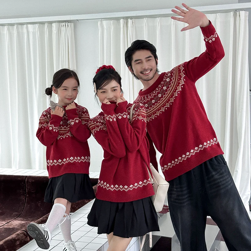 

New 2026 Christmas Sweater For the Whole Family Look New Year Knitwear Jeans Outfit Clothes Set Couple Kids Matching Clothing