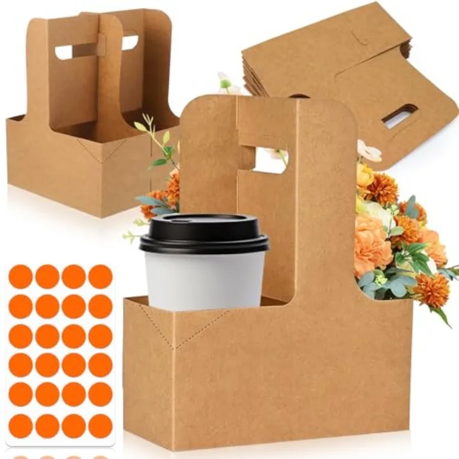 2 Cup Drink Carrier with Handle, 12 Pack Disposable Coffee Cup Carrier, Cardboard Drink Holder for Hot or Cold Drinks, with 24