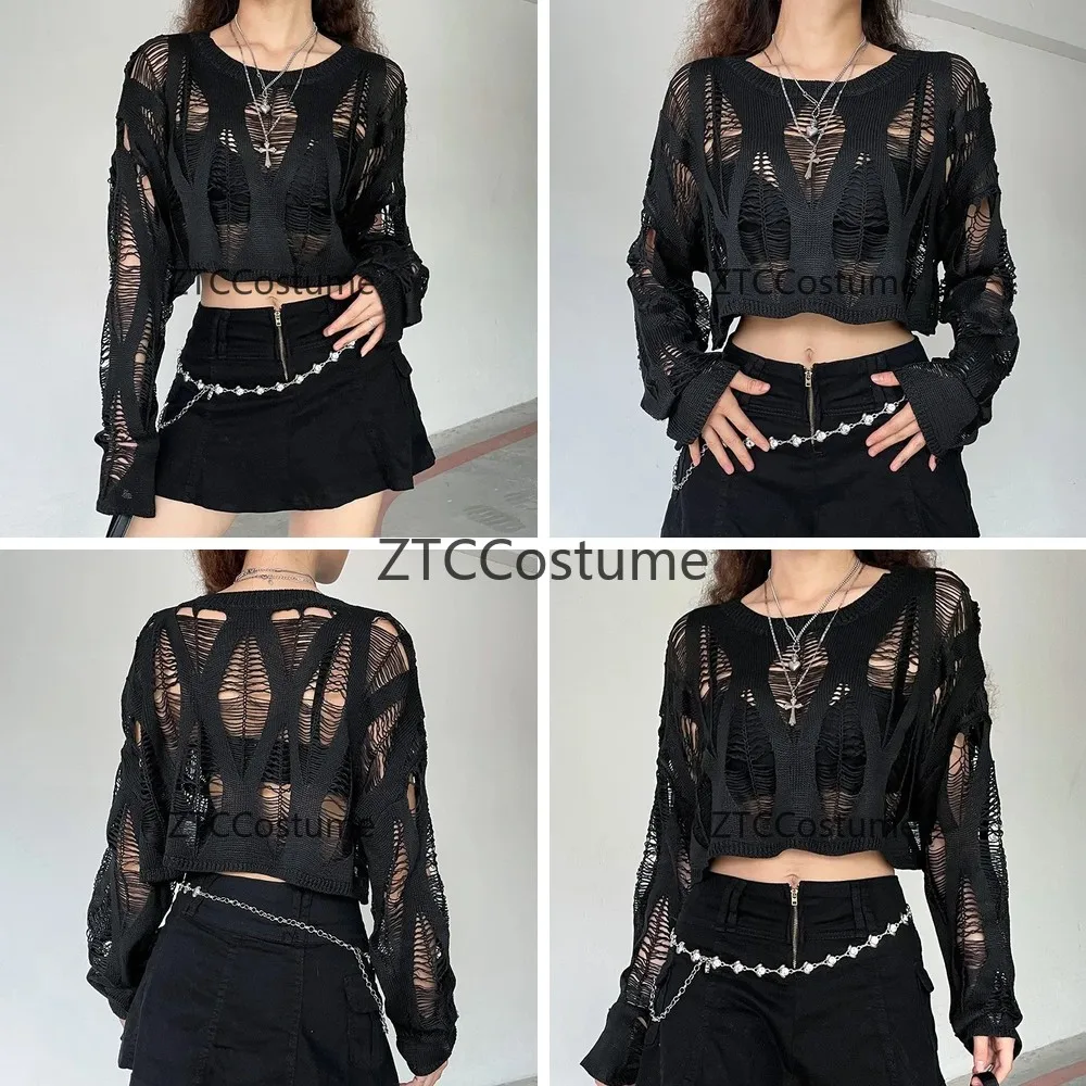 Damen Cosplay Strickpullover mit Fledermausärmeln, Aushöhlungen, Y2K Streetwear, lockere Oberteile