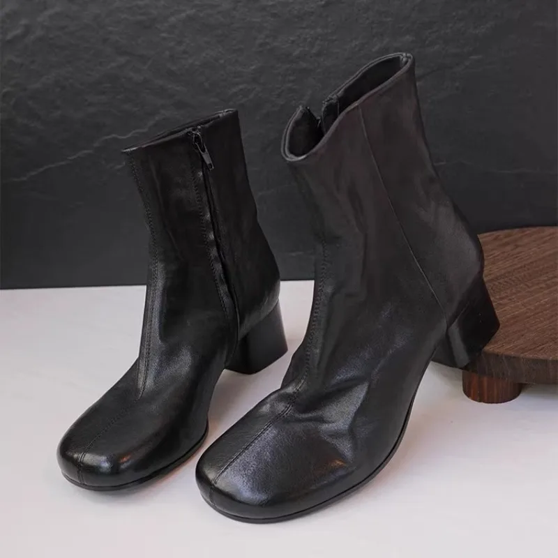 

French Retro Genuine Leather High Heel Fashion Boots Women's Shoes Spring Autumn Outdoor Riding High Top Chelsea Work Boots