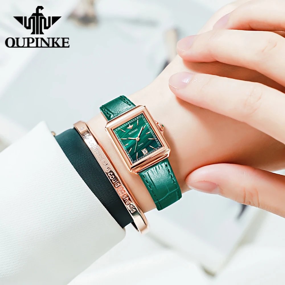 OUPINKE Women's Wrist Watch Quartz Watch For Women Green Leather Watches Top Brand Luxury Square Dial Waterproof Luminous