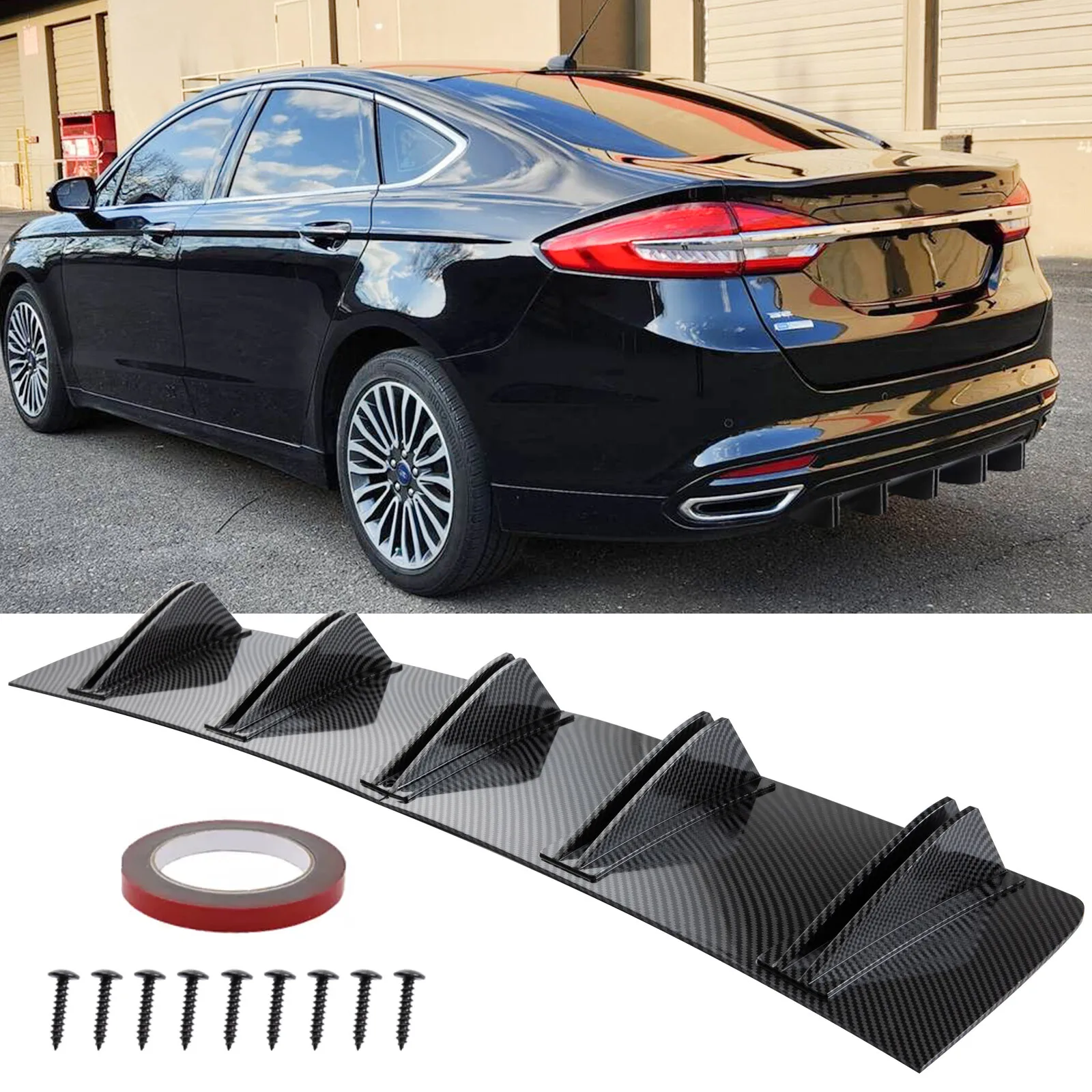 

Rear Bumper Lip Diffuser 10 Shark Fins Splitter Carbon For Ford Fusion 2010-2020