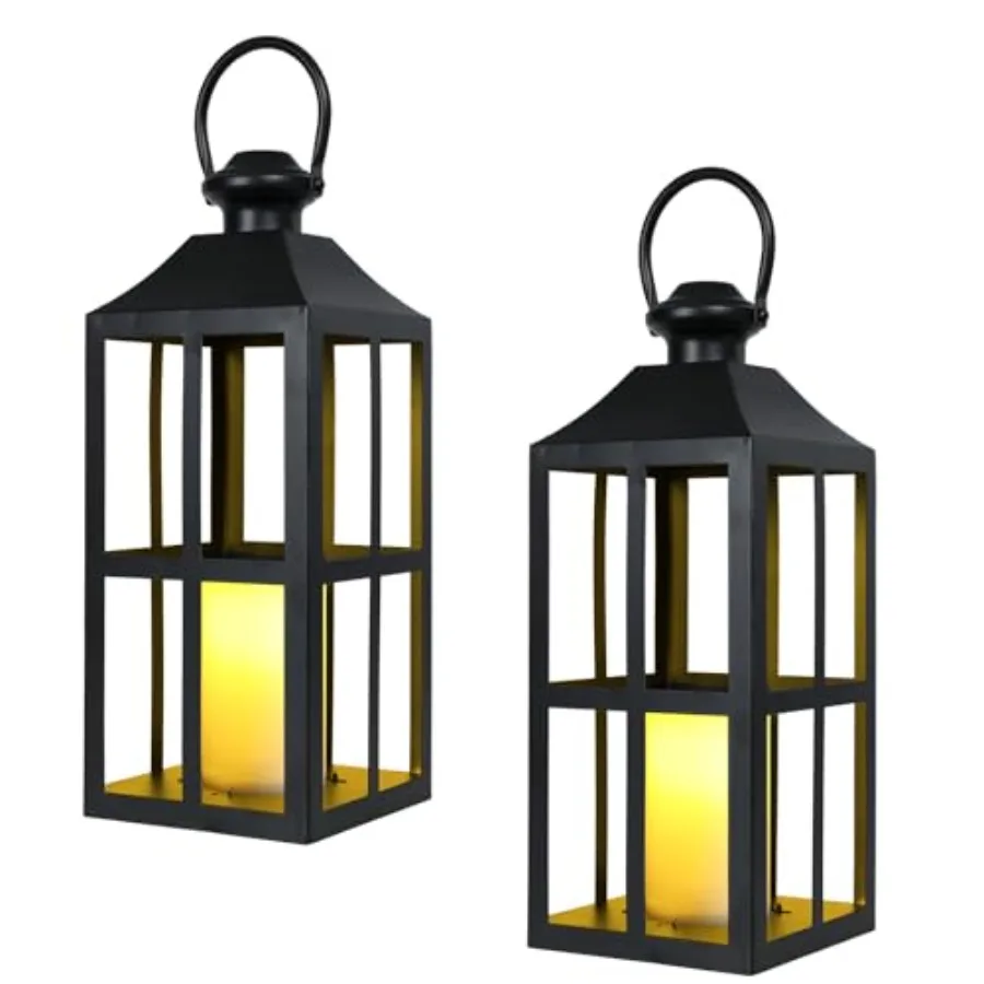 

Набор из 2 черных металлических фонарей с LED-свечами на батарейках, высотой 17,7 дюймов, декоративные подсвечники для использования в помещении и на улице
