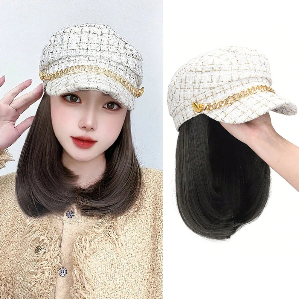 

Hat Wigs 14 Inch Short Straight Hair Wigs With Tweed-Plaid-Newsboy Fiddler Cap Hat With Synthetic Hair Attached Women For Daily