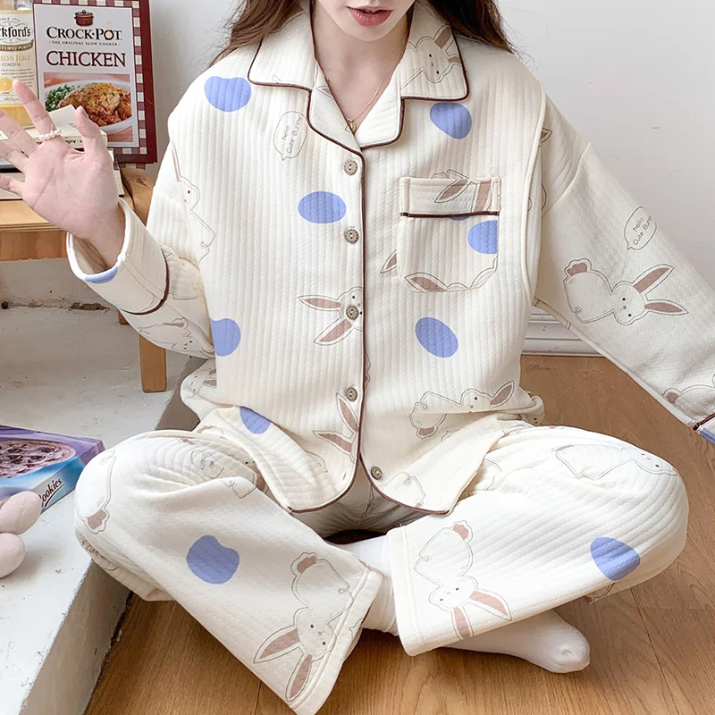 Winter Air Cotton Confinement Clothes Women Cotton Yarn Sleepwear Female 2 Piece Set Cute Cartoon Spring Home Clothes