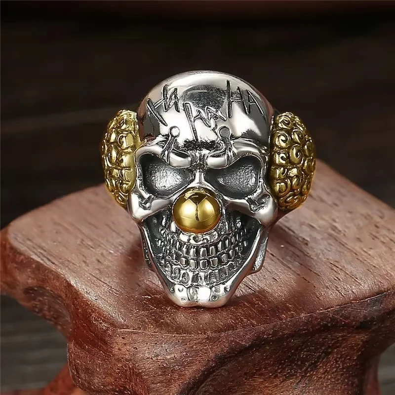 Huajie Men's Two Tone Clown Skull Rings Personality Punk Bike Style  Halloween Fashion Gift Ring Accessories Trend