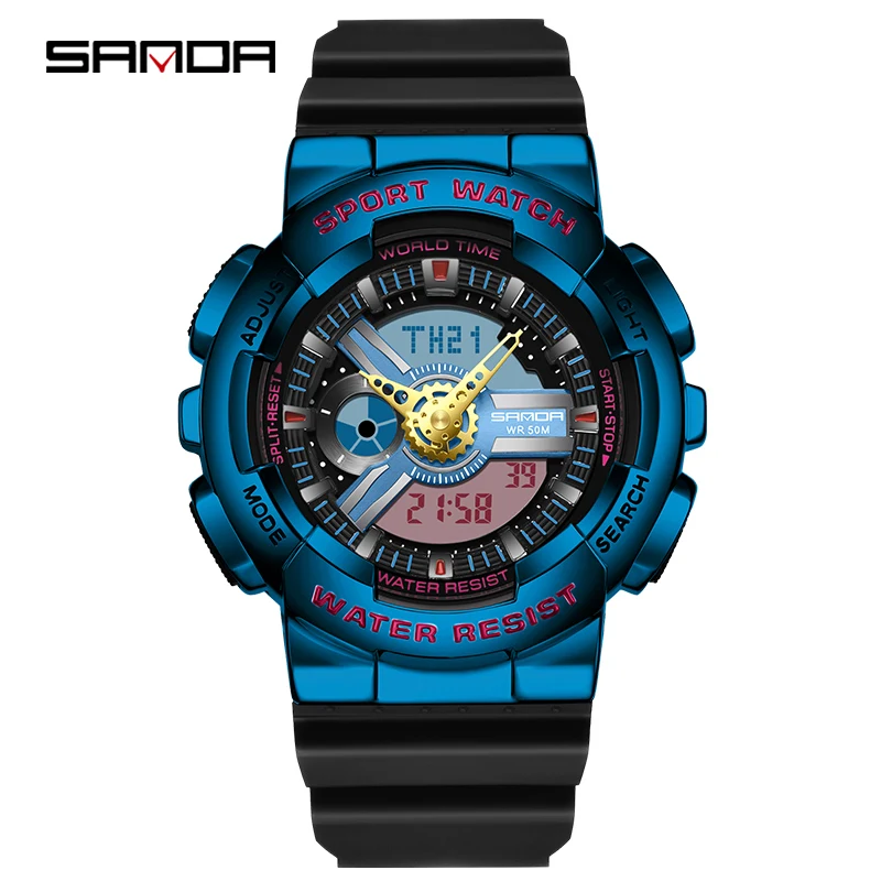 SANDA Top Brand Men Watch Luxury Dual Time Electronic Movement Watches Stopwatch Countdown Digital Clock For Man Luminous Hour