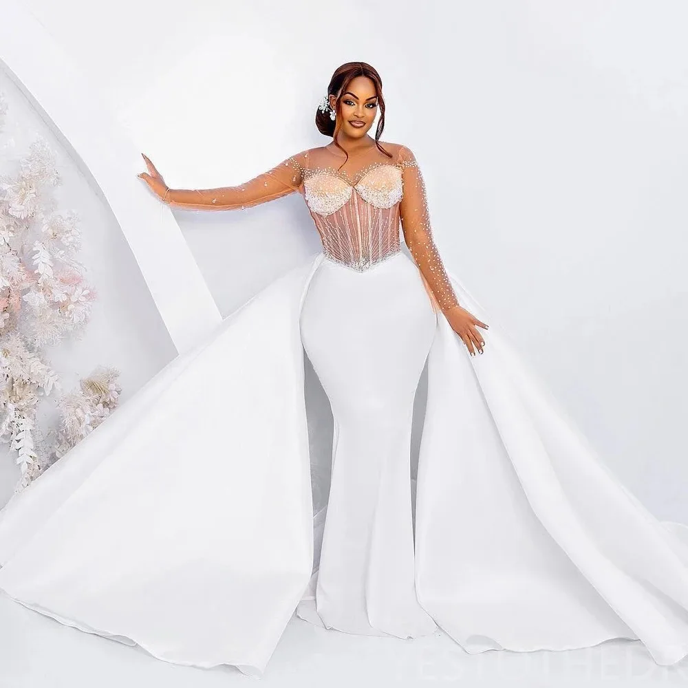 

Customized See Through Shinny Beads Wedding Dress with Removable Skirt Vestido De Noiva Full Sleeves Satin Bridal Gown 2025