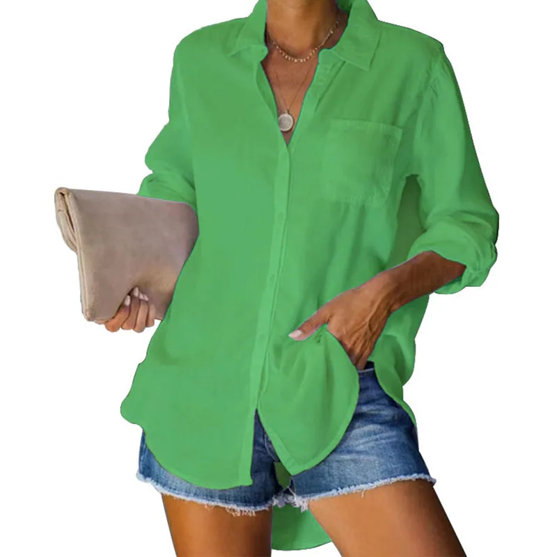 New Women\'s Shirt Solid Color Large Casual Loose Button Shirt Women\'s Wear