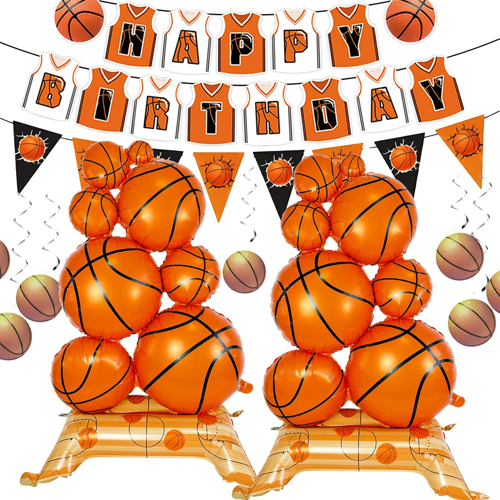 Décoration de fête d'anniversaire sur le thème du basketball, ballon en aluminium 3D en forme de ballon de basket, bannière, drapeau, spirale suspendue, fournitures de fête sportive pour garçons