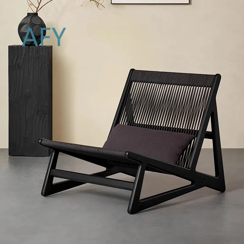 Wabi Sabi Style Outdoor Balcony Lounge Chair for Small Spaces Rustic Solid Wood Rope Woven Single Seater for Hotel Airbnb