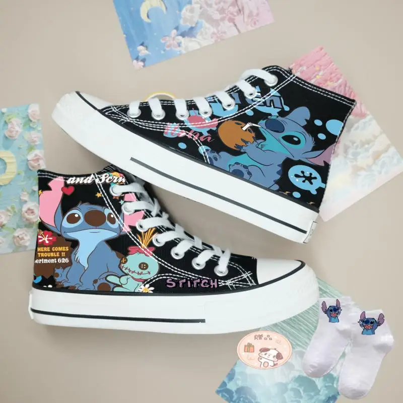 Zapatos de lona de puntada de Disney Kawaii, Zapatillas altas de dibujos animados para hombres y mujeres, zapatos versátiles de verano para parejas,