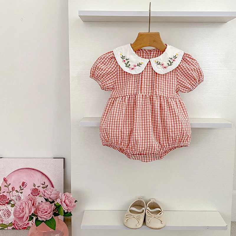 0-3Yrs Toddler Baby Girls Rompers Embroidery Bodysuit Girls Jumpsuits Princess Girls Pink Grid Rompers Toddler Summer Clothing