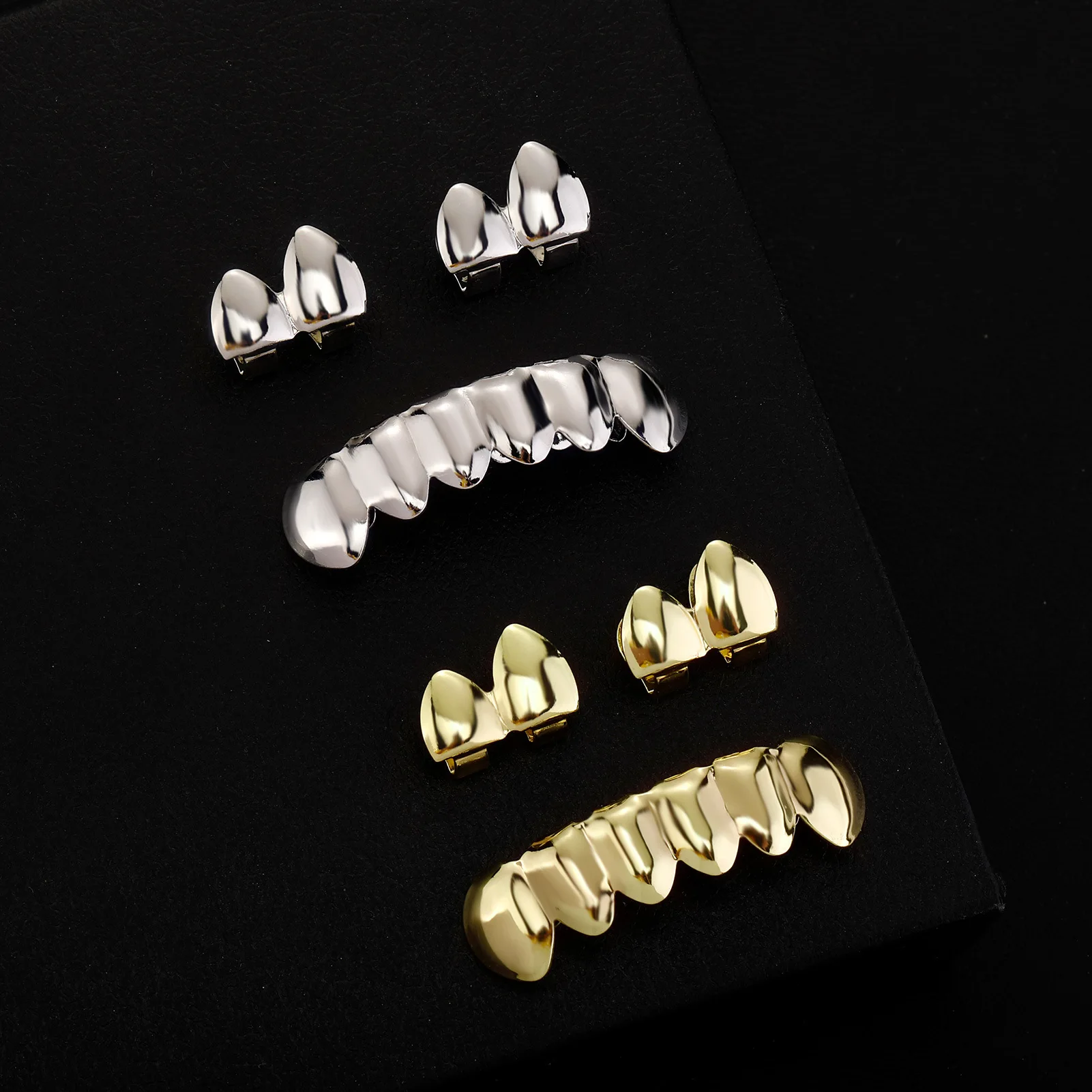 Gold Silver-Plated Hip Hop Teeth for Mouth Grillz Caps Top&Bottom Grill Set Vampire Teeth for Halloween Party Sets