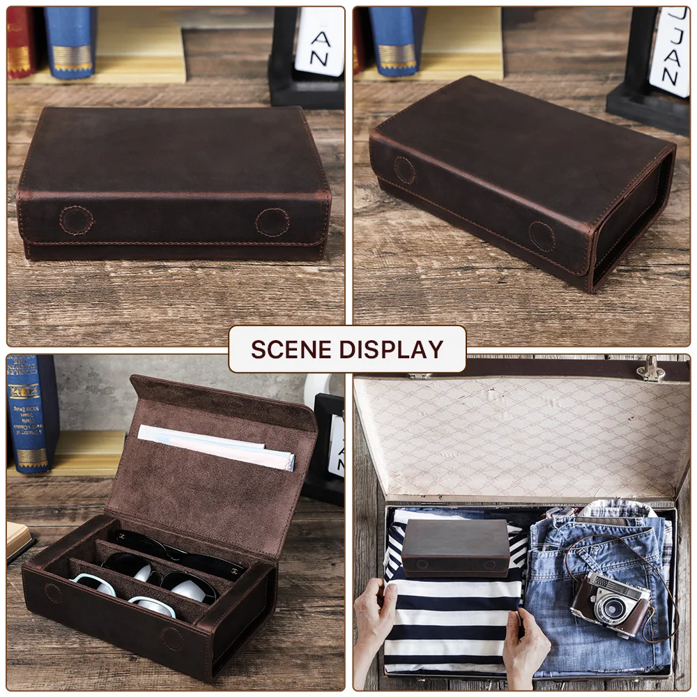 Handcrafted Vintage Crazy Horse Leather Eyeglasses Case Rectangular Design with Magnetic Closure Travel-Friendly