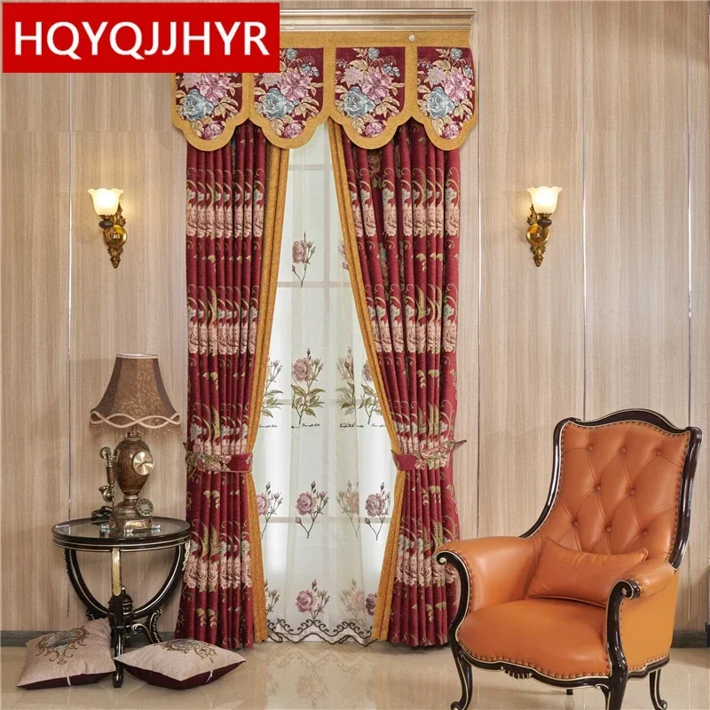 

HQYQJJHYR Wine Red Luxury Chenille Jacquard Thickening Blackout Curtains For Living Room Bedroom Custom French Window Curtains