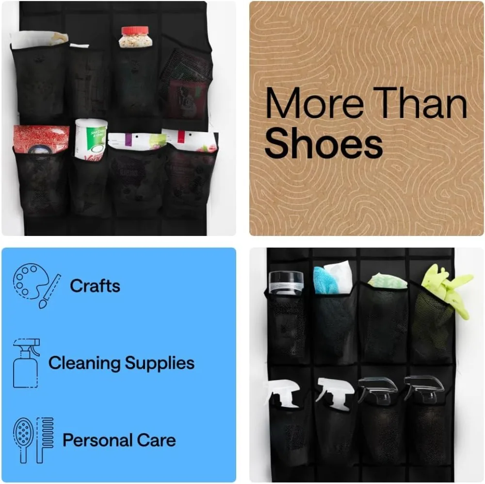Over the Door Shoe Organizer, 2 Pack, 24 Breathable Mesh Pockets, Space Saving Hanging Storage Holder, Closet Rack Hanger Holds Up to 40 lbs, Hangs on Closets, Shoes, Accessories, Black view 6