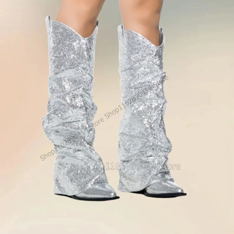 Silver Sequins Giltter Turned Over Pointy Toe Boots Slip On Women Shoes Chunky High Heels Fashion Party 2023 Zapatos Para Mujere