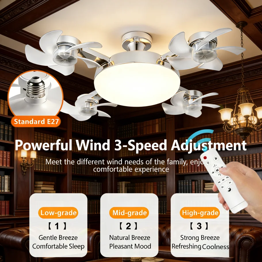Ceiling Fan Light Drone E27 3/4 Head 2-in-1 Design Fan Lighting Bulb with Remote Control AC85-265V for Home Restaurant Bedroom