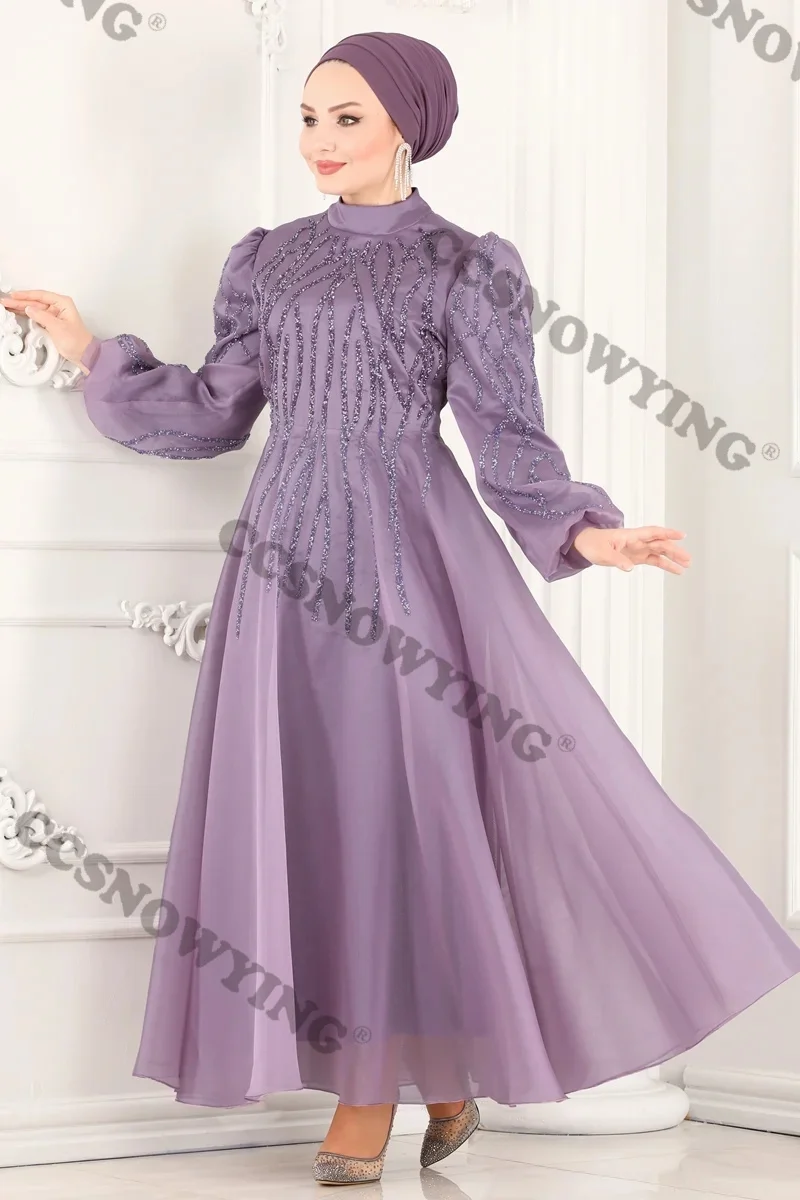 Robes de soirée musulmanes pour femmes, appliques perlées, hijab, organza, manches longues, robe de soirée formelle islamique, arabe, dubaï