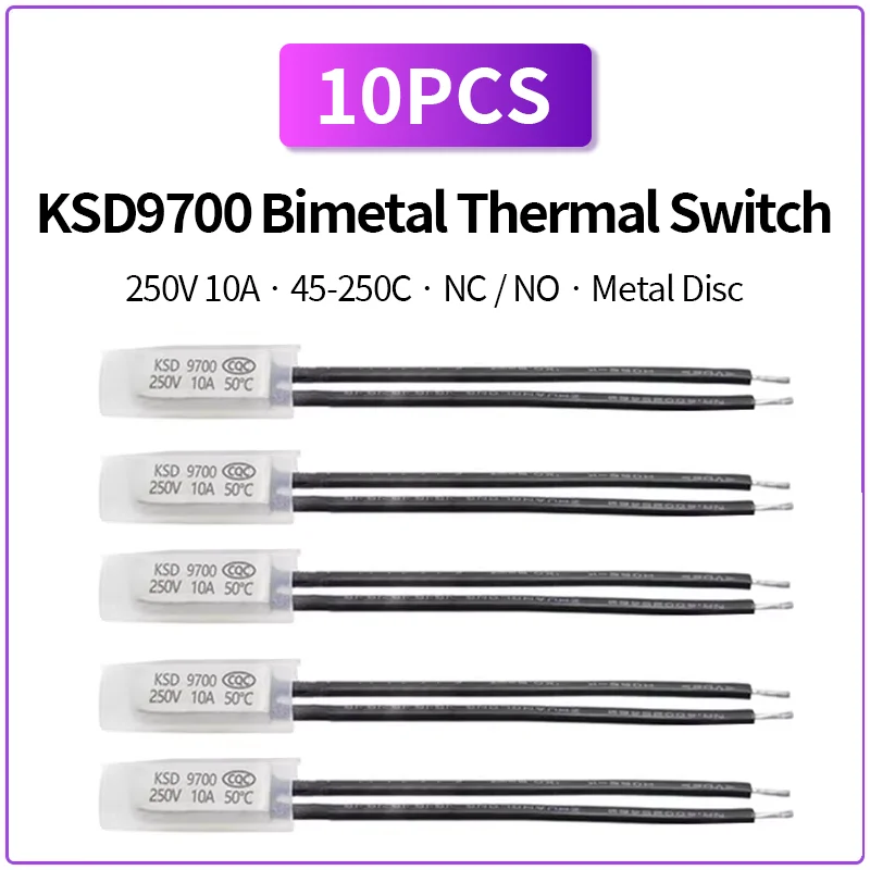 10PCS KSD9700 250V 10A Bimetal Thermal Switch 45-250C NC NO Temperature Protector Thermostat Metal Disc