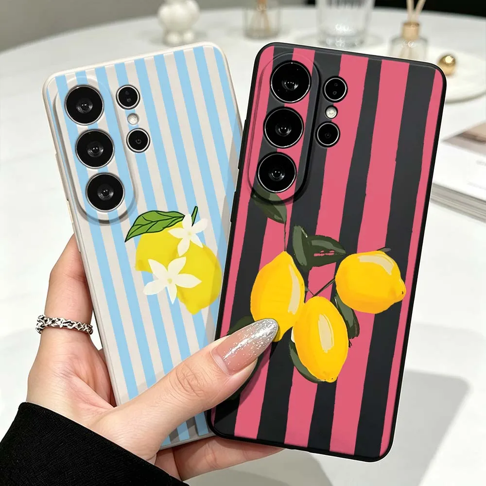 Striped Lemon Pattern For Samsung Galaxy S26 S25 S24 S23 S22 S21 S20 Ultra Plus FE Soft Liquid Phone Case Cover