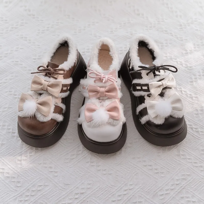 ฤดูหนาว WARM Plush Lolita รองเท้า Fluffy รอบ Toe Kawaii คอสเพลย์รองเท้าผู้หญิงรองเท้า Lolita ข้อเท้ารองเท้า Loli BOOT PU หนัง