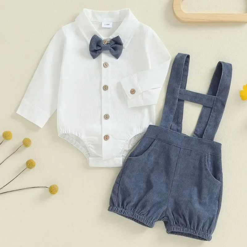 Baby Boy Gentleman Xmas Outfits Solid Color Long Sleeve Lapel Neck Bodysuit with Suspender Shorts Bow Tie Clothe Set