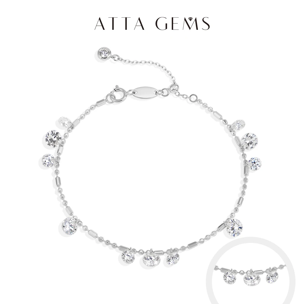 

ATTAGEMS Round Cut Drilled Moissanite Bracelets Women S925 Silver Adjustable Beaded Chain Everyday Stackable Jewelry Party Gifts