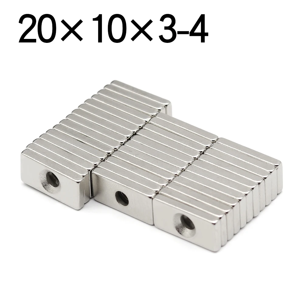 5/10/20/50/100 Pcs 20x10x3-4 Block NdFeB Neodymium Magnet N35 Super Powerful imanes Permanent Magnetic 20 x 10 x3 Hole 4