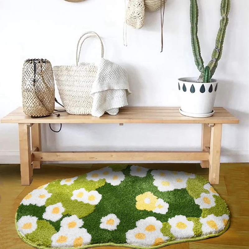 Cute Moss Floral Bathroom Rug, Plant Toilet Rug, Flower Bath Mat, Soft Absorbent Non Slip Bathroom Mat For Wash Sink