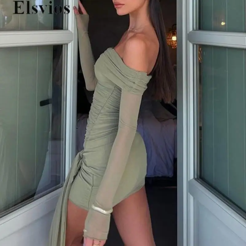 

Sexy Sleeveless Solid Show Style Dress 2024 Fashion Folds Party Dress Women Elegant One Shoulder Solid Bodycon One Piece Dresses