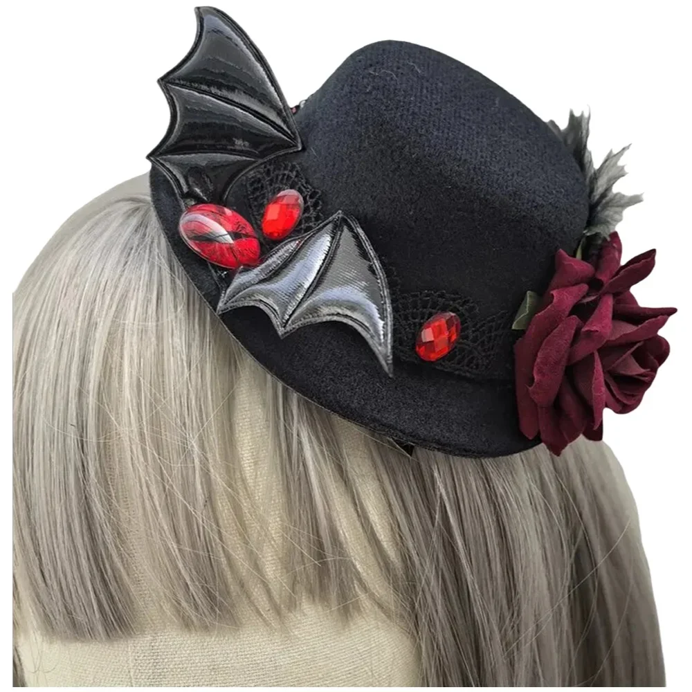 Reina gótica con temática oscura, murciélago, demonio con rosas de ojos, sombrero pequeño, accesorio de fiesta de rendimiento