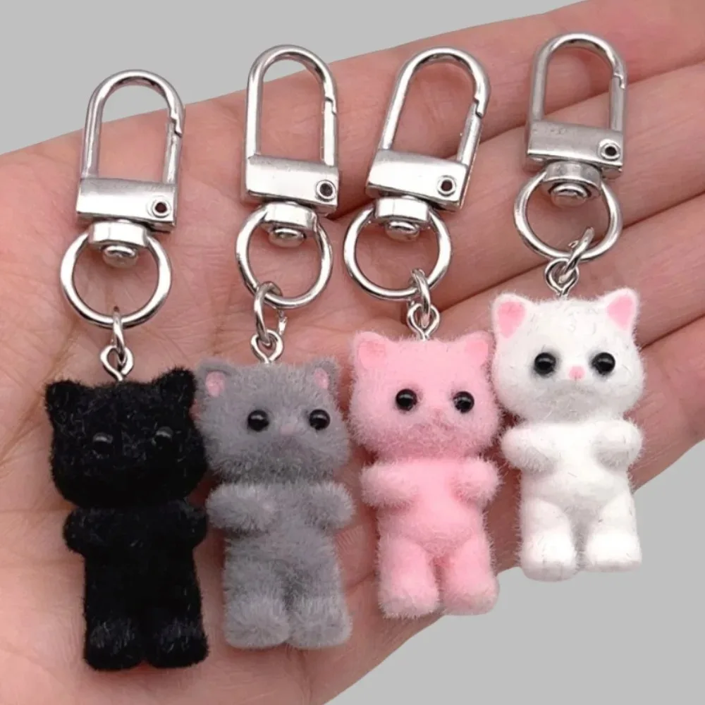 Cute 3D Flocking Kitten Keychain Simulation Animal Hobby Cartoon Doll Girl Keyring Car Bag Purse Phones Pendant Key Ring Gift*